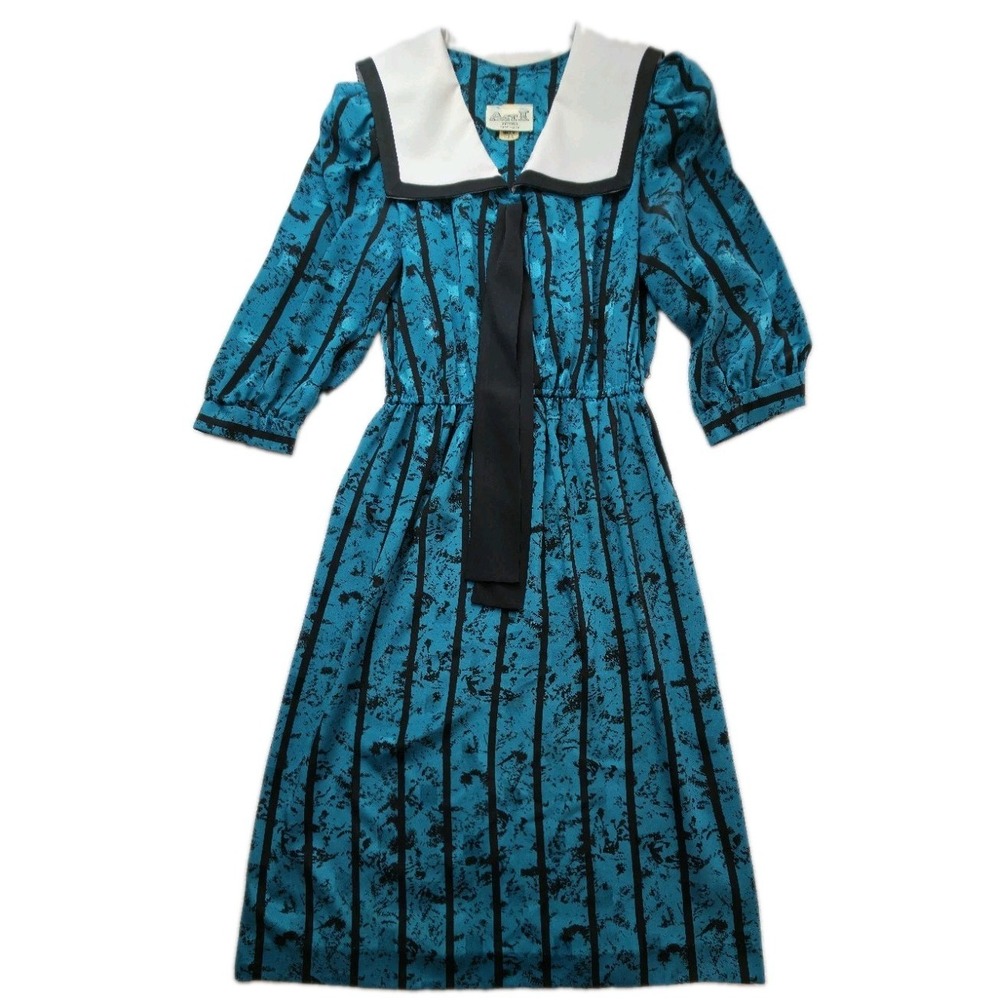 Act I Petites Vintage Midi Dress Women's Size 10 Teal Black Sailor Collar